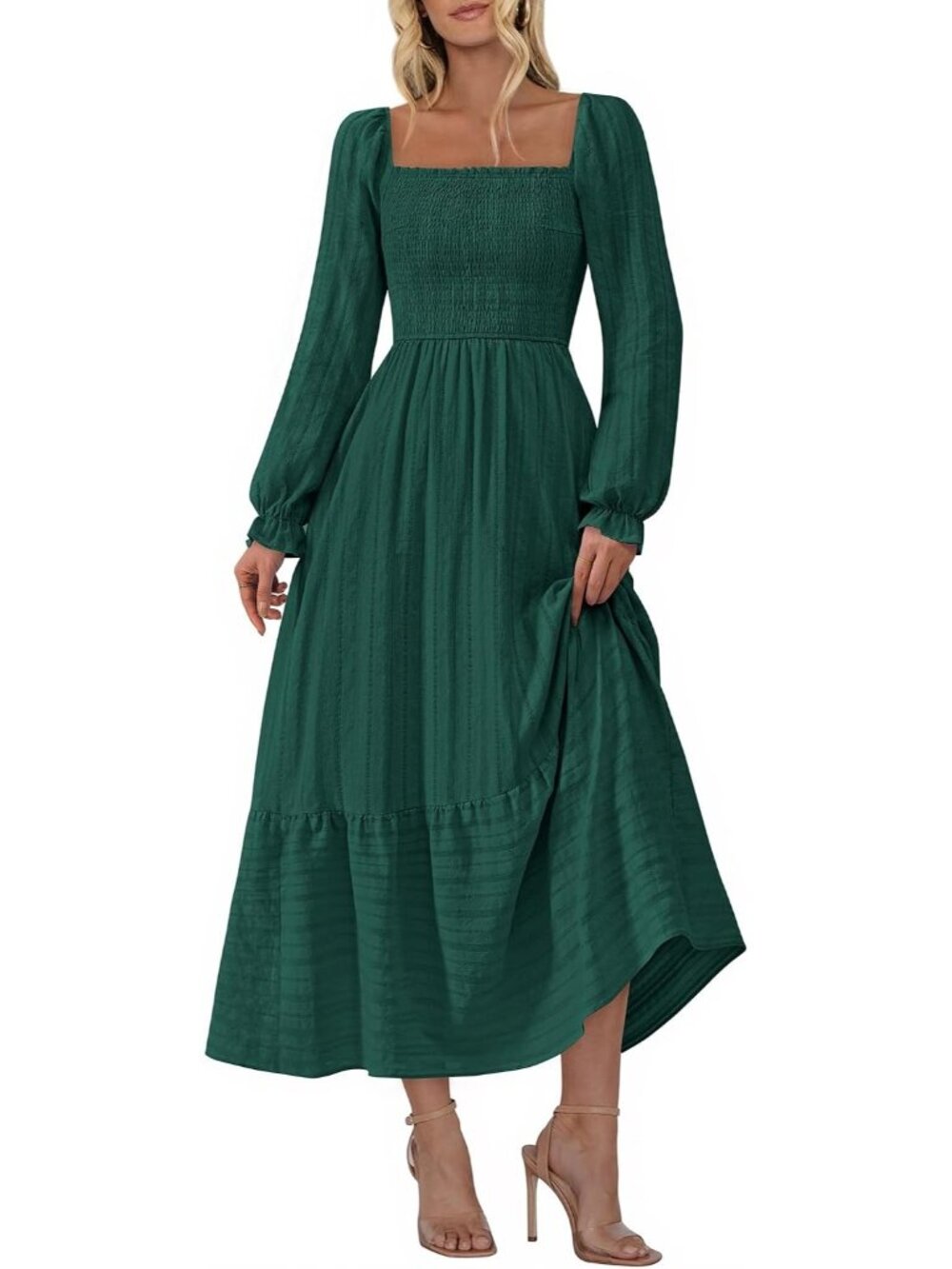 Women's Dark Green Square Neck 2026 Long Sleeve Boho Wedding Guest Maxi Dresses